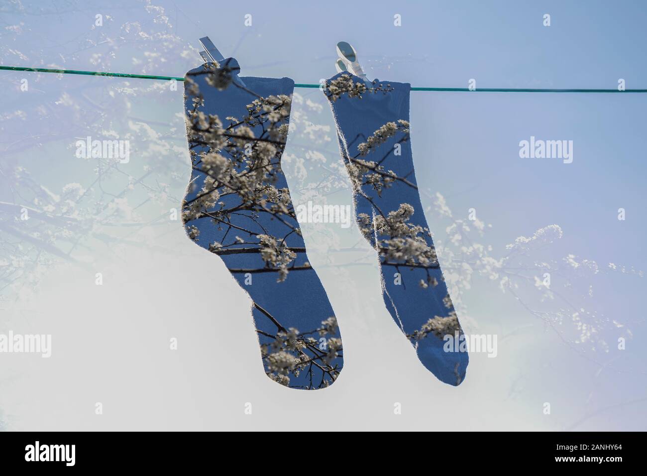 Double exposure photography. Abstract pair of socks hanging with pegs isolated on UK washing clothes line. Freshness concept. Stock Photo