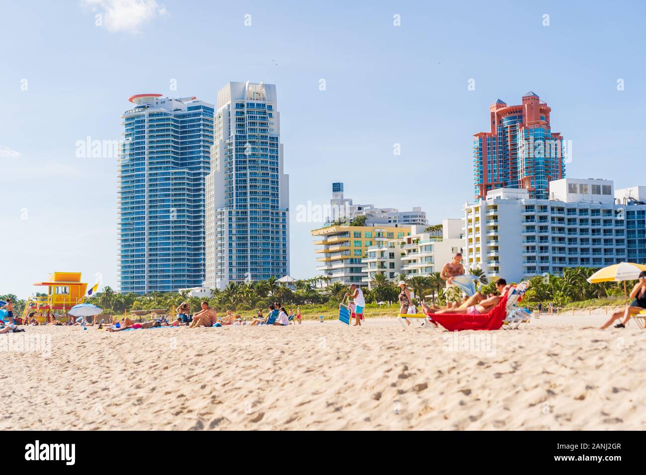 Miami, Florida - January 2, 2020: Scenic Miami Beach High-rise Buildings in South Beach, Florida. Stock Photo