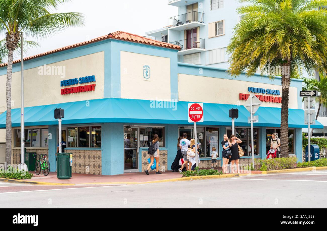 Miami, Florida - December 30, 2019: Exteriors of Popular Puerto Sagua Restaurant Cuban Cuisine Located in Collins Avenue, Miami, Florida. Stock Photo