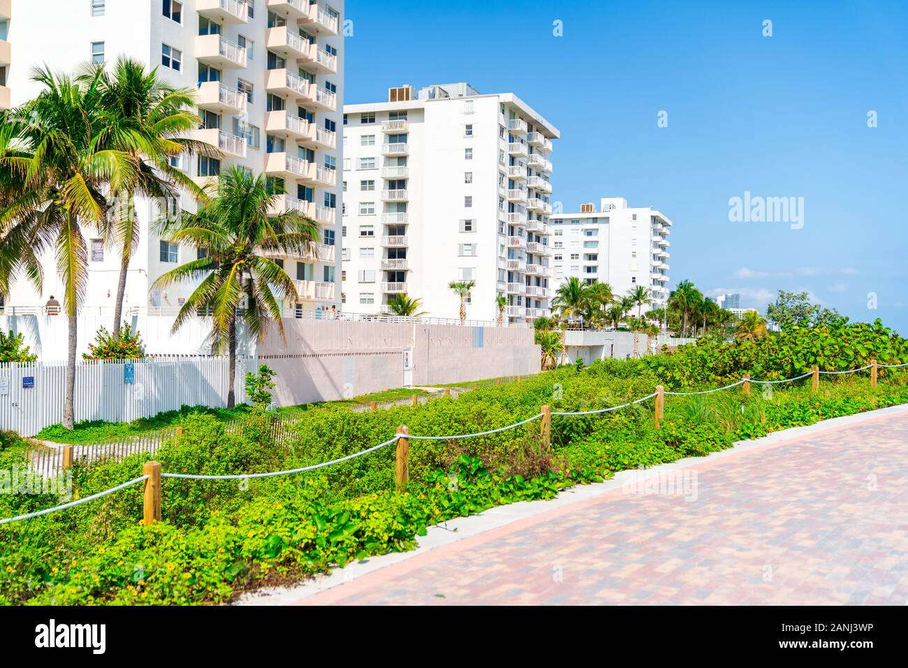 White Beach Front Buildings in South Beach, Florida. Stock Photo