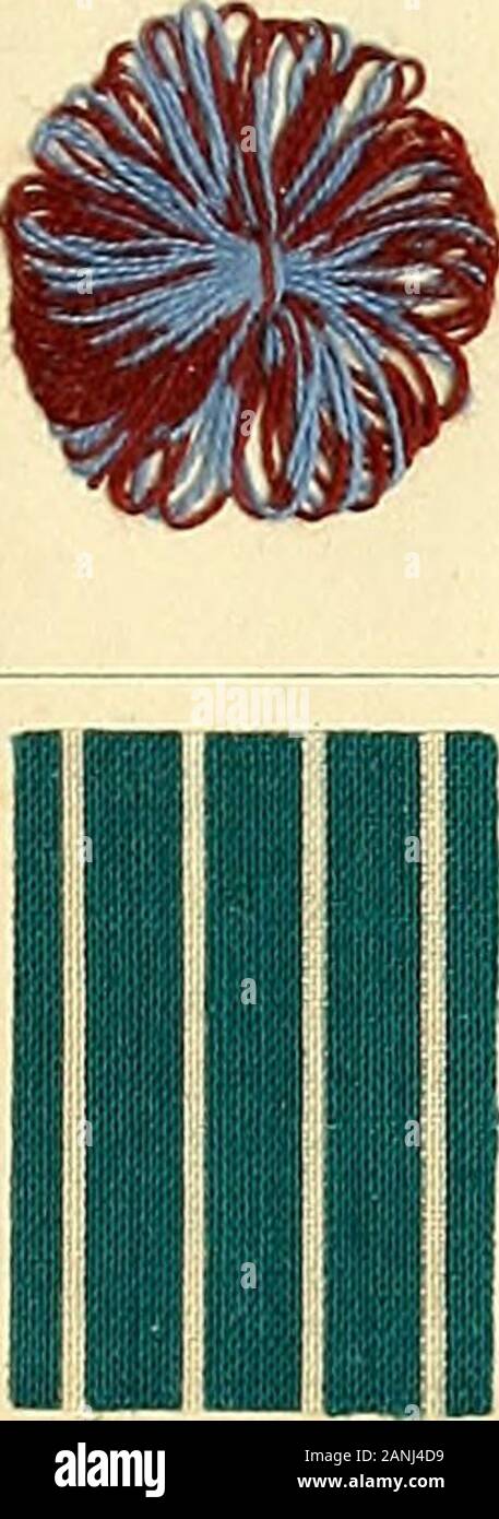 The aniline colours of the Badische Anilin- & Soda-Fabrik, Ludwigshafen on Rhine and their application on wool, cotton, silk and other textile fibres . Cotton Red 4 B topped with Diamond Green B. (Tin white discharge 2.) (Pages 392, 397.). Tndoine Blue RN Tin colour discharge i with Eosine A {Pages 395, 396.) Ground: Cotton Yellow G I. Till colour discharge i Diamond MagentaI small needles. Stock Photo