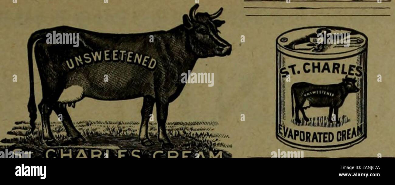 Canadian grocer July-December 1903 . Purestand best for allpurposes. S-tv^C HAR LE S CREV^M The ST. CHARLES CONDENSING CO., Droducers of the famous GOLD COW BRAND OF UNSWEETENED EVAPORATEDCREAM, also SILVER COW, PURITY and GOOD LUCK BRANDS SWEETENED MILK.Is prepared at all times to quote prices, and execute prompt shipment and delivery.Home Office and Address: Correspondence and trade orders solicited. St. CHARLES, ILL, U.S.A. FACTORIES: Ingersoll, Ontario, Canada, and St. Charles, III. CONDENSED MILK Stock Photo