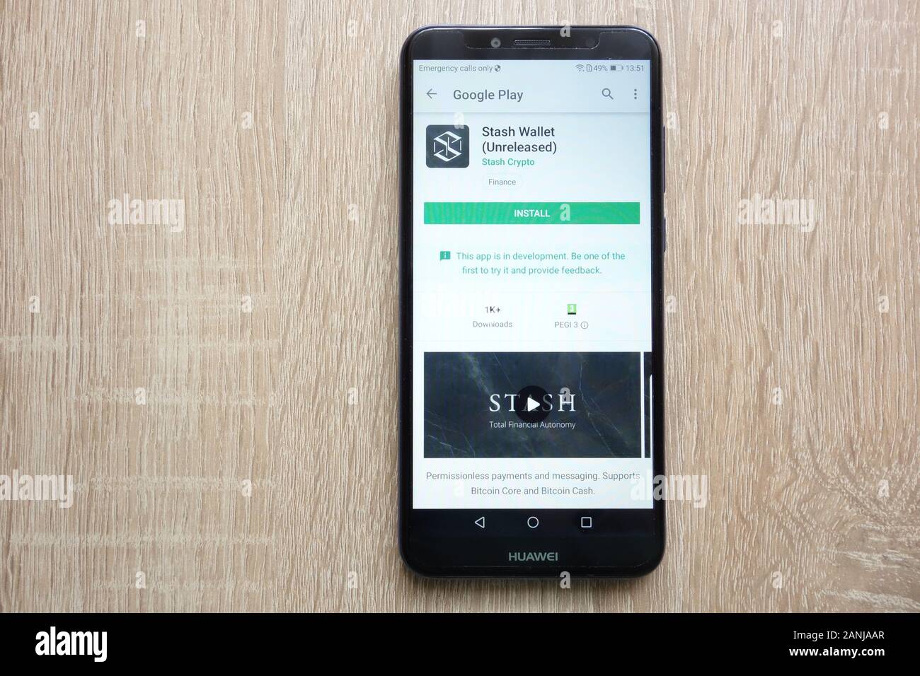 Stash Wallet (Unreleased) app on Google Play Store website displayed on Huawei Y6 2018 smartphone Stock Photo