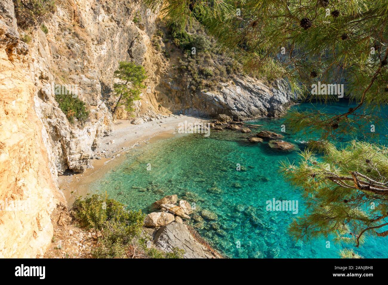Secluded beach seen from the hiking trail between Gemiler Beach and Afkule, Fethiye, Aegean Turquoise coast, Anatolia, Turkey, Asia Minor, Eurasia Stock Photo