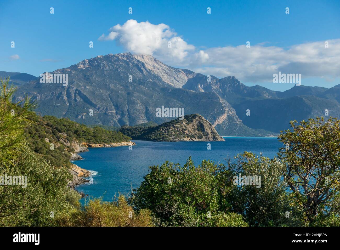 View to Gemiler Island and Babadag Mountain, Gemiler, Fethiye, Aegean Turquoise coast, Anatolia, Turkey, Asia Minor, Eurasia Stock Photo
