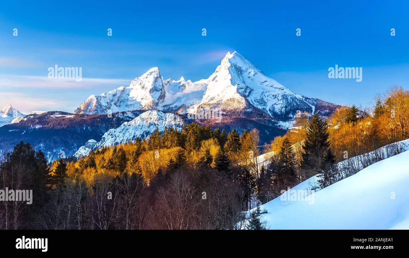 Beautiful view of famous Watzmann mountain peak on a cold day in winter Stock Photo