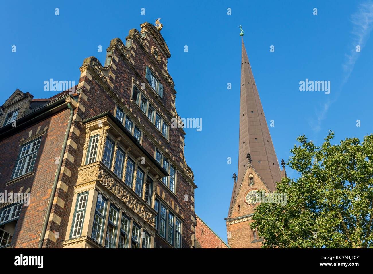 The Hulbe-Haus and the tower of Saint Peter's Church seen from Moenckebergstrasse, Hamburg, Germany, Europe Stock Photo