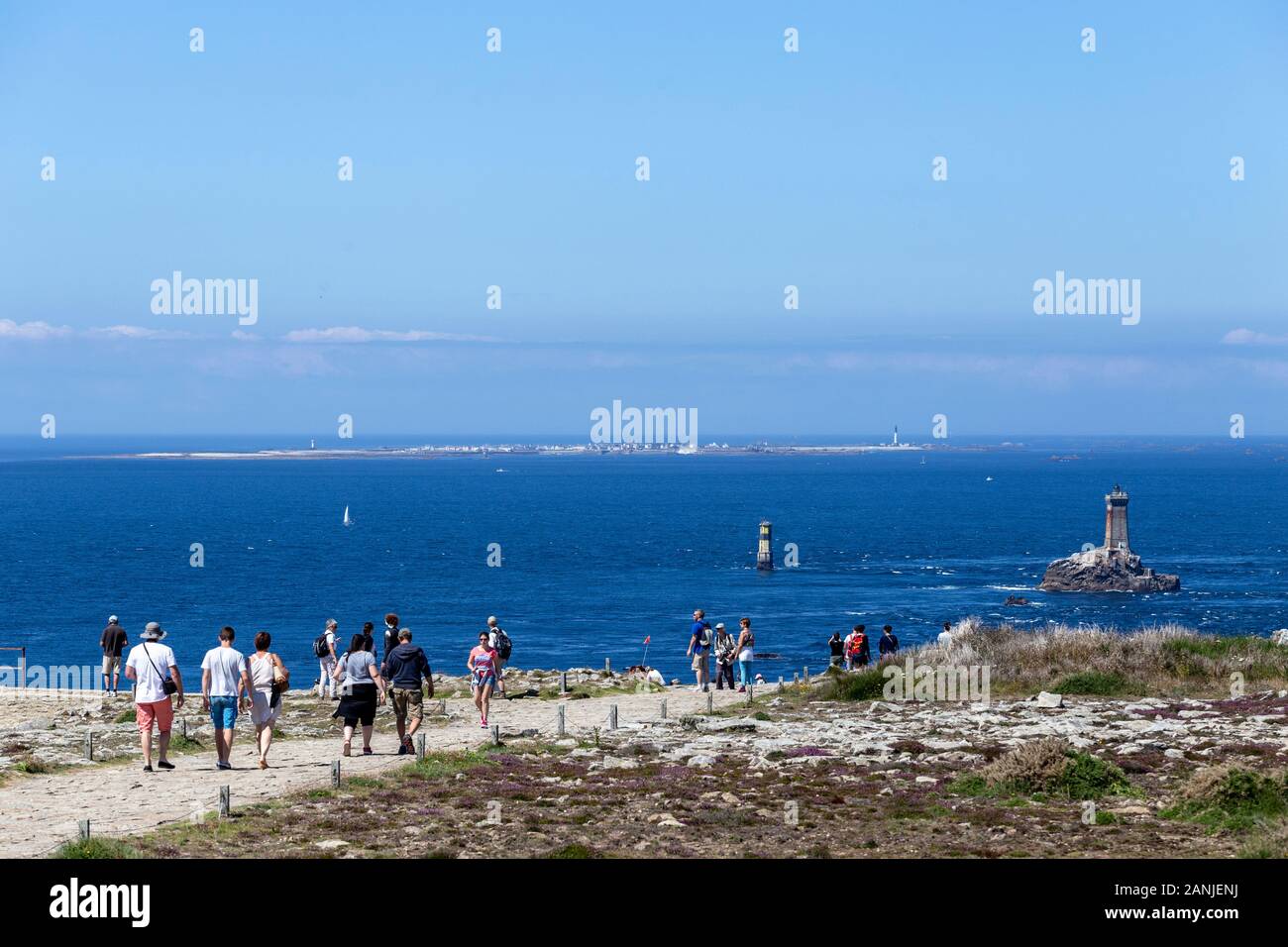 View from Pointe du Raz looking across the dangerous stretch of sea towards  Ile Sein Stock Photo