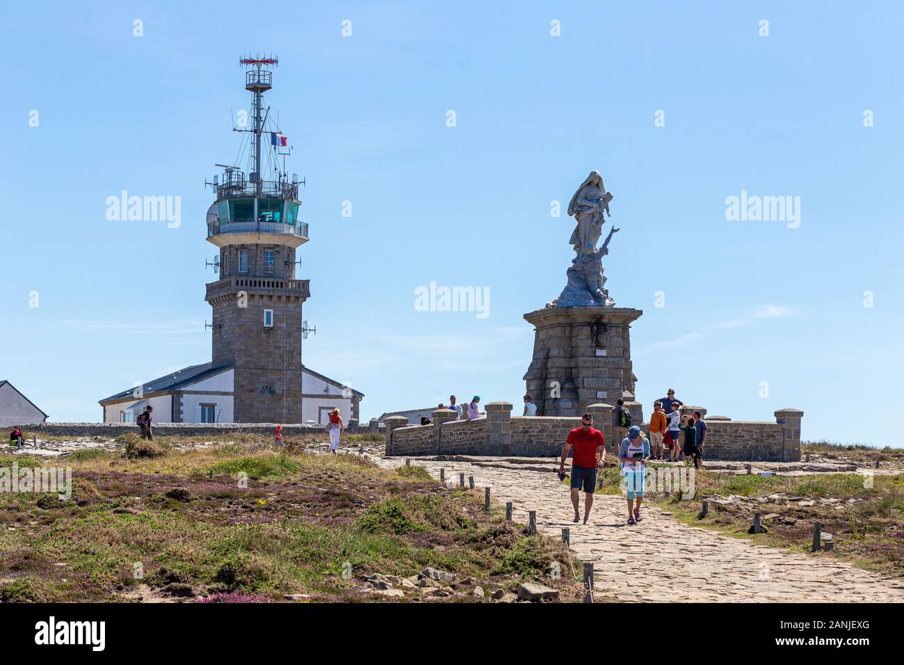 Pointe du Raz Lighthouse. The Pointe du Raz is a promontory that extends into the Atlantic from western Brittany, in France.    The local Breton Stock Photo