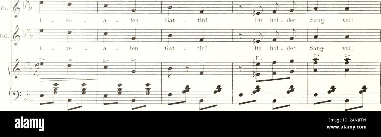 Die ideale Gattin : Operette in drei akten . D. G. g t 12z3z ? • |=4^ V rtTM • y Ö ==* normst.6 , Das ei   ne sagt mir jetzt schon mein Es   prit, 3E X- Holz. • £• tztki m 7 . -6^- die eig  ne Gat . tin ist es i-e- m -?&?• m ft -+**? ?»/ 2I I Marcia moderato. trrr Pablo. ?S ^ &lt;) *p^ * ^^—:—T du Lied der i i» ij  Sü Lieh   lintrs-me . die * k s 7 S D.G. 5^E± du Lied derl.Ob. - m^: I Sii - ße Lieb - lins-S-me   lo - die njt ^ * * * * .% • • 7 f 7 f 7 f 7 f s -f—f ± . F F ^ -J 0- -6-4. u^ D. ölOö. 29 Pa. D.G. M J- m i 9 ö r I Reiz und Fo - e - sie. so man - eher Mann ge gen i h I Jfr } J^ 7 h Stock Photo