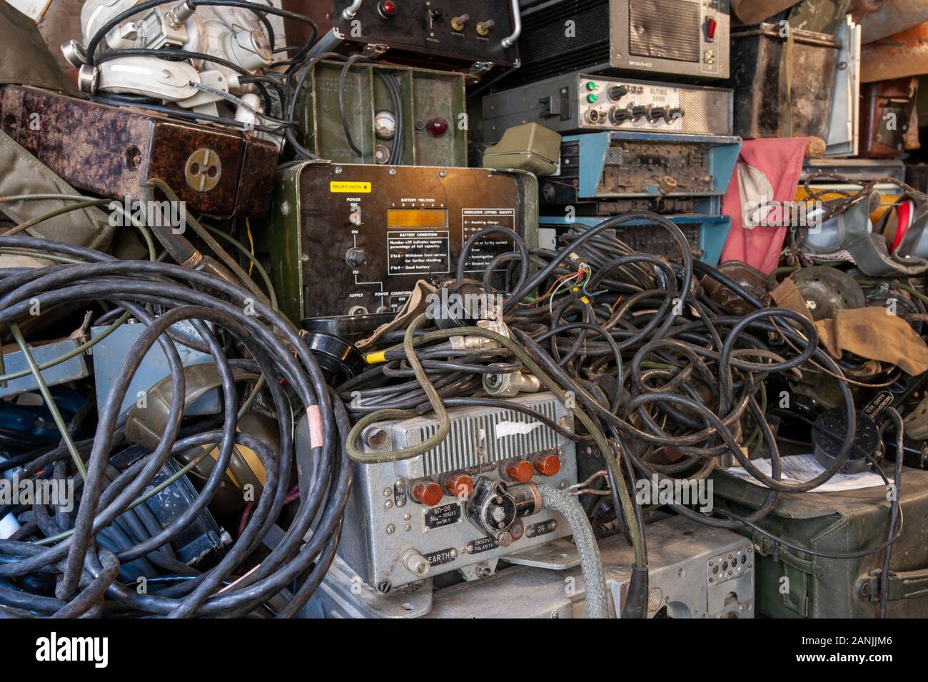 Stock pile of army surplus electrical equipment in Army Surplus Shop, Portsmouth, Hampshire, England, UK Stock Photo