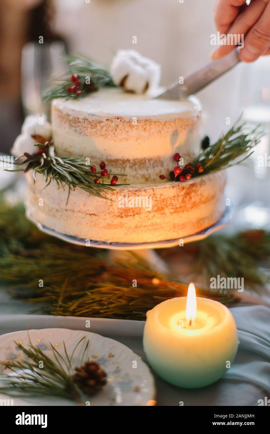 The married couple cut the wedding cake decorated with pine, berries and cotton flower Stock Photo