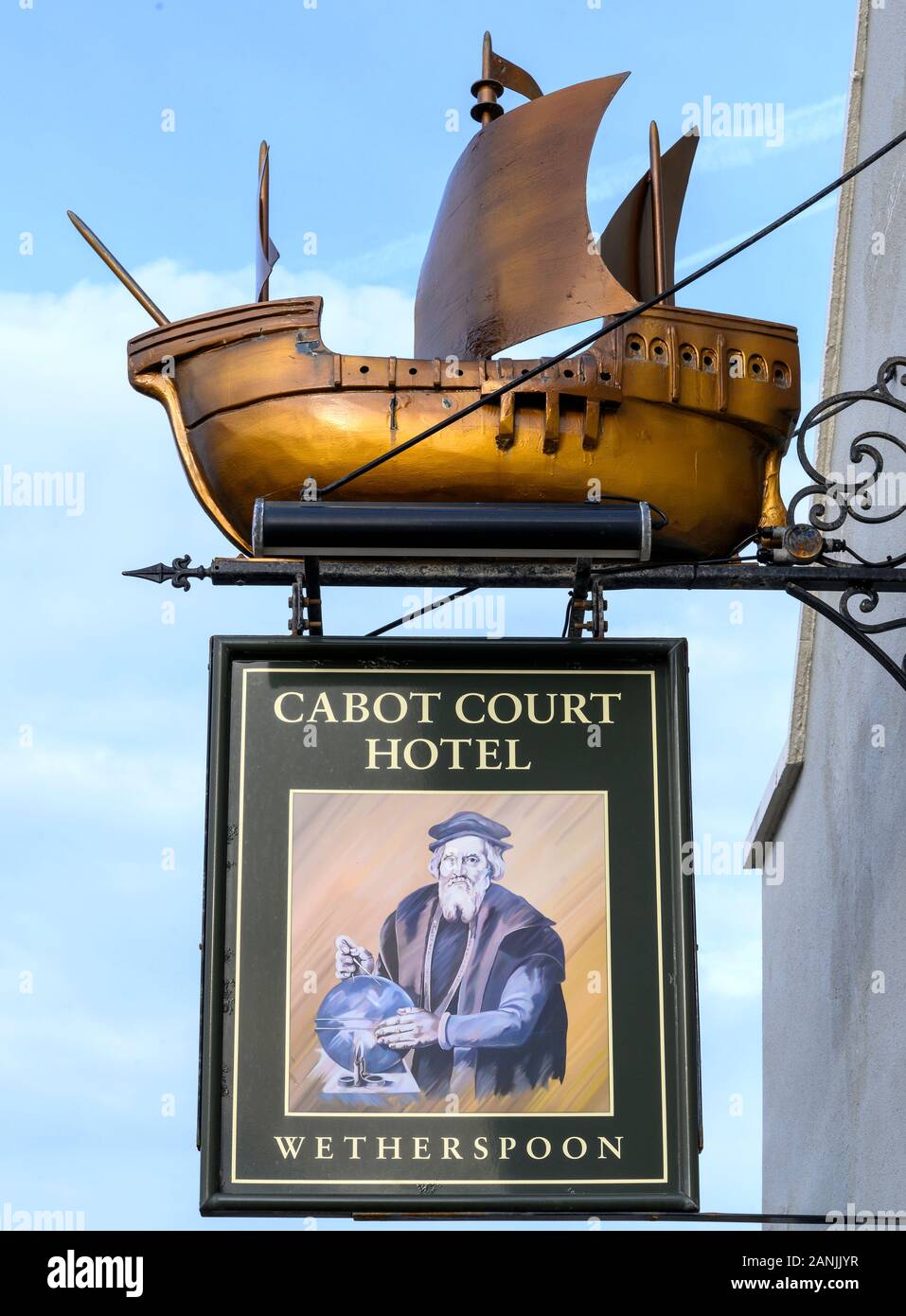 Hanging pub sign at Cabot Court Hotel a Weatherspoon public house, Knightstone Road, Weston-Super-Mare, Somerset, England, UK Stock Photo