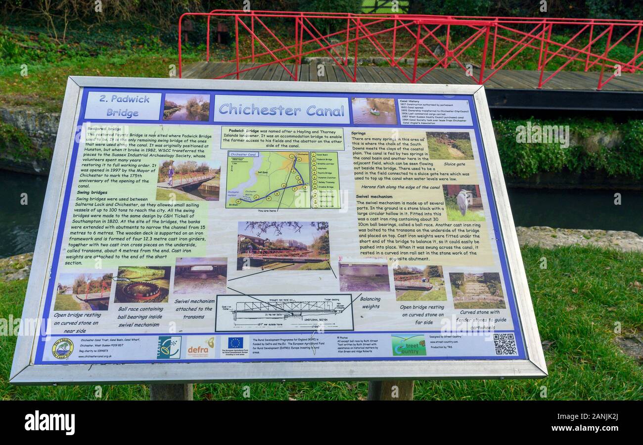 Tourist information board beside the Chichester Canal at the site of Padwick Bridge, Chichester, West Sussex, England, UK. Stock Photo