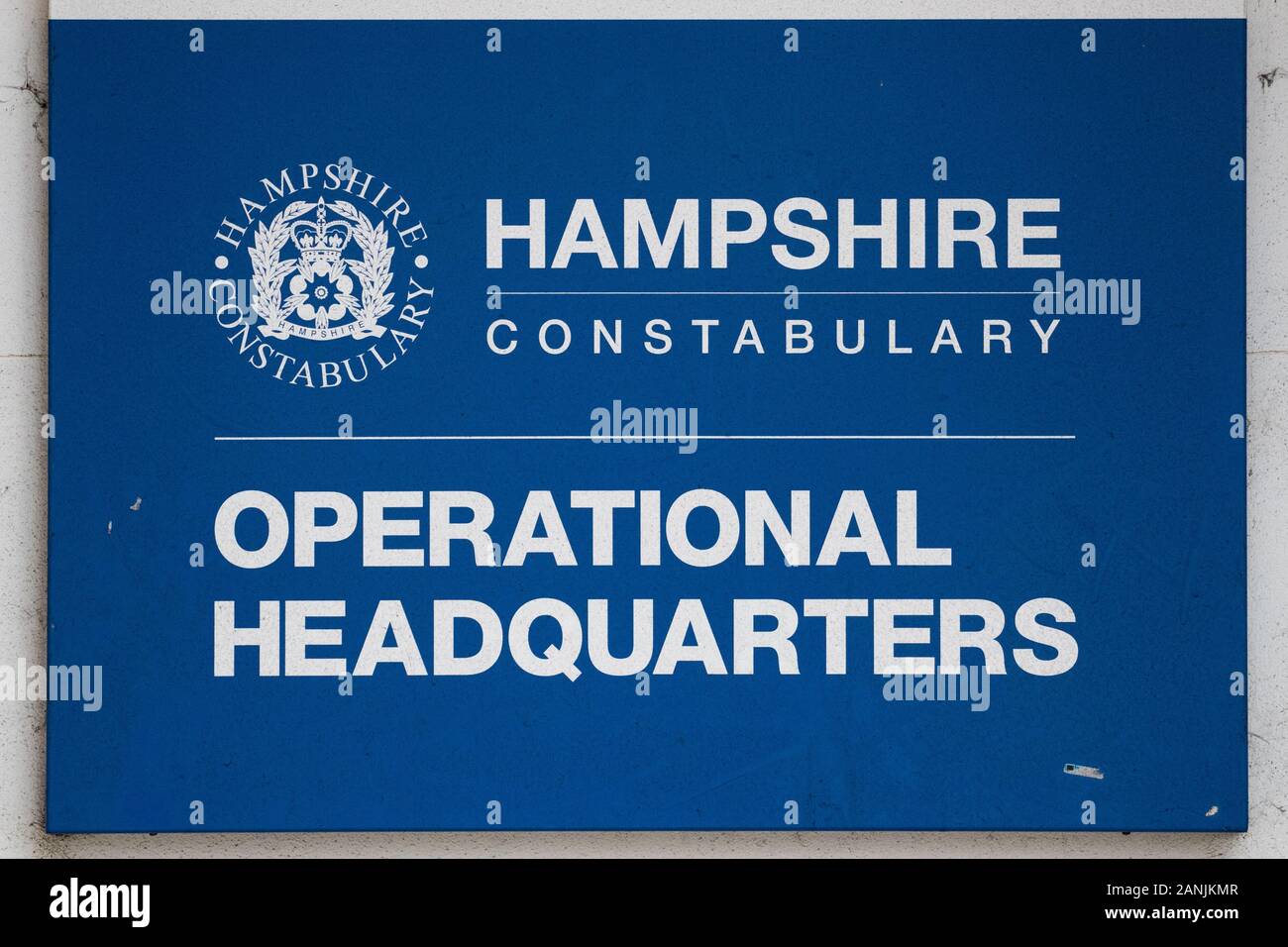 General view of a sign for the Operational Headquarters of Hampshire Police in Winchester