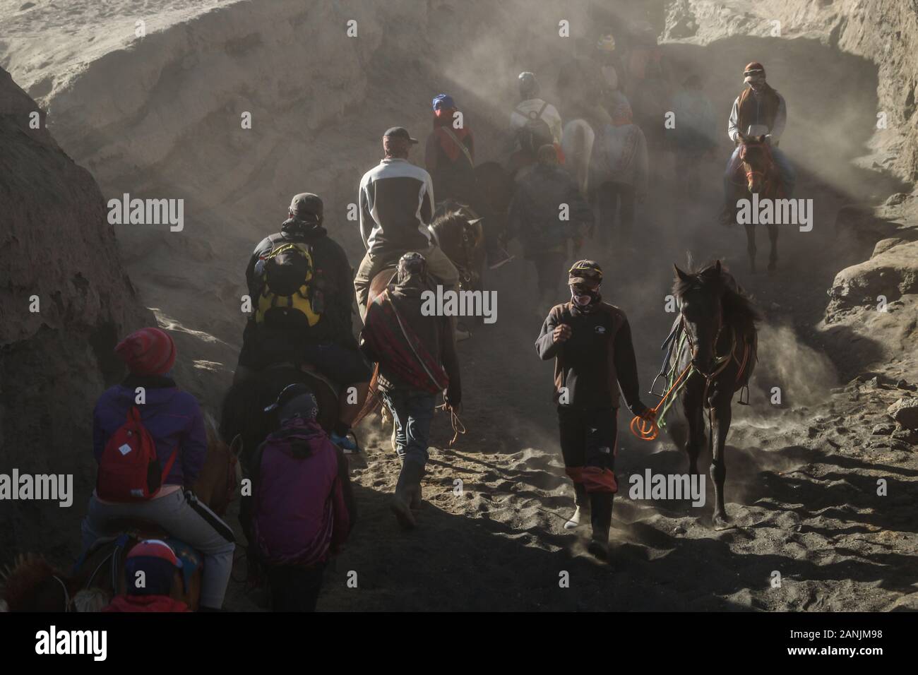 Probolinggo, Indonesia. 3rd Nov, 2018. People ride horses to the top of Mount Bromo, East Java.Bromo is the most famous mountain in East Java with the busiest visits every year. Mount Bromo has an altitude of 2,392 meters above sea level and is located in four regencies, namely Probolinggo, Pasuruan, Lumajang and Malang Regency. Credit: Algi Febri Sugita/SOPA Images/ZUMA Wire/Alamy Live News Stock Photo