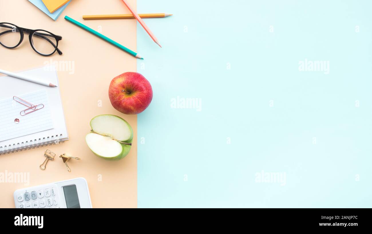 Fruit and healthy concepts with red and green apple on desk worktable background.organic and nature ideas Stock Photo