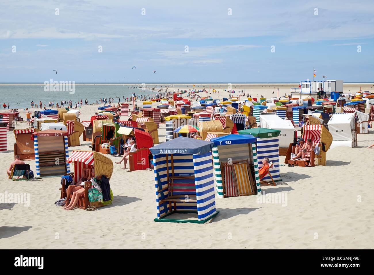 Colourful striped beach tents at the North beach on Borkum island Stock Photo