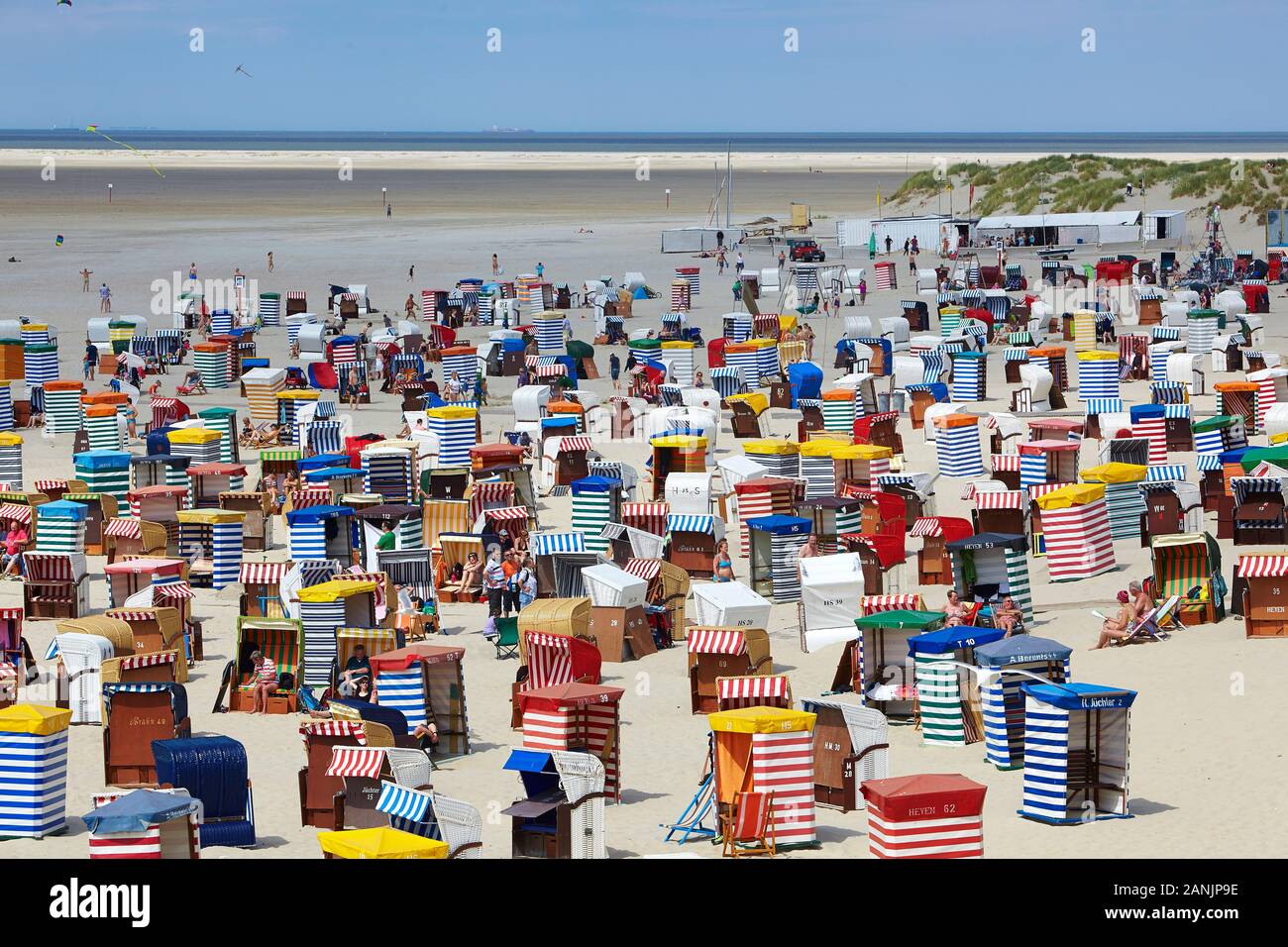 Colourful striped beach tents at the North beach on Borkum island Stock Photo