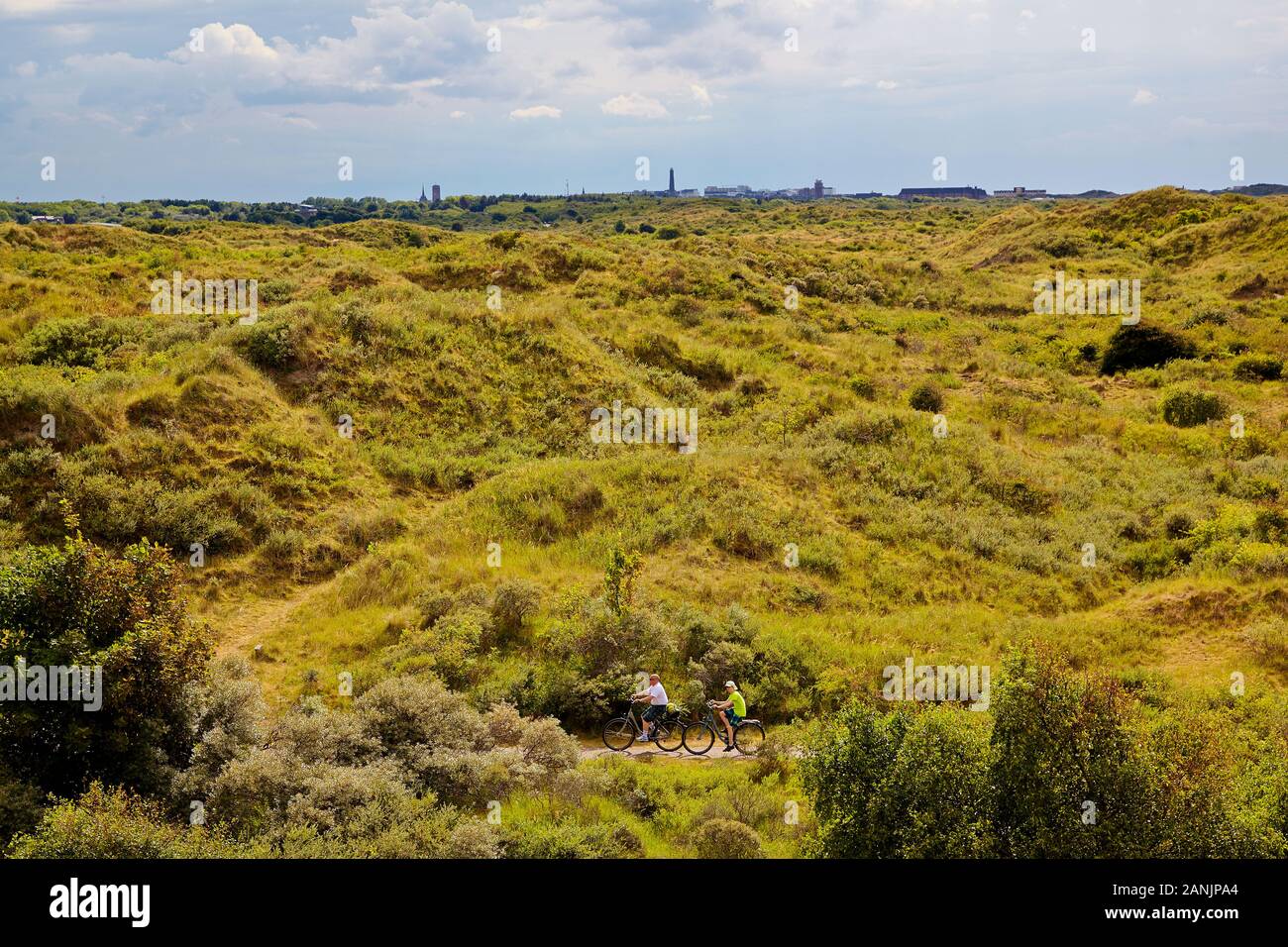 View from Natuurpunkt Olde Dune of a couple cycling in the grass and bush covered dunes of Borkum island Stock Photo