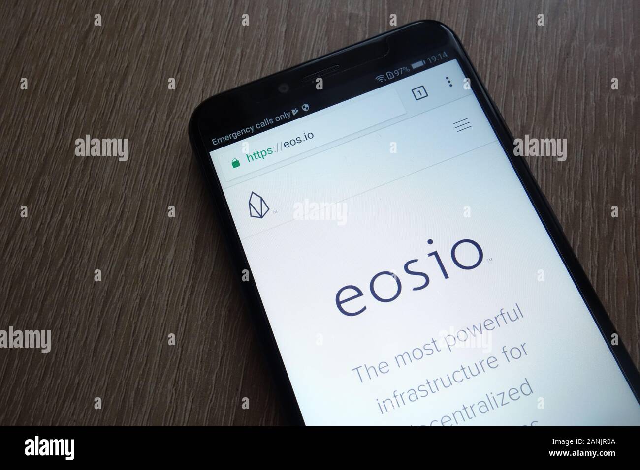 EOS cryptocurrency  website displayed on Huawei Y6 2018 smartphone Stock Photo