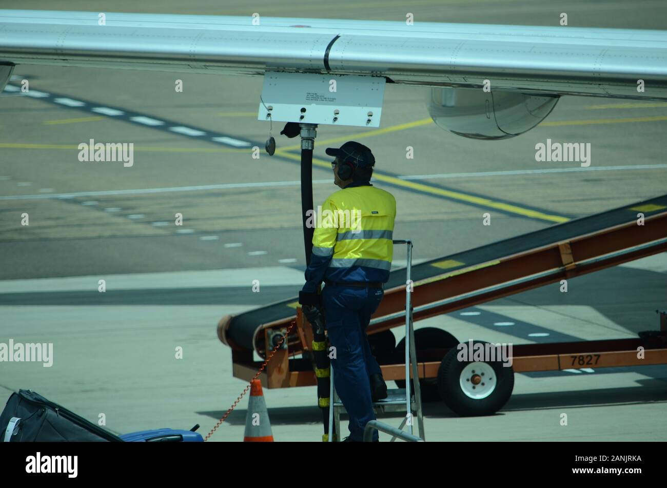 Passenger Jet on Airport apron, pre flight check Stock Photo