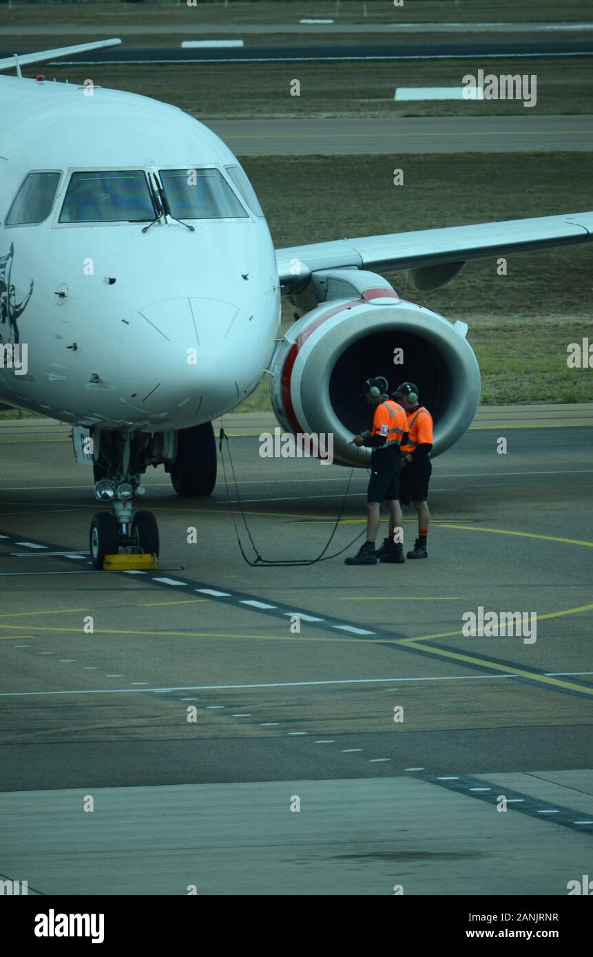 Passenger Jet on Airport apron, pre flight check Stock Photo
