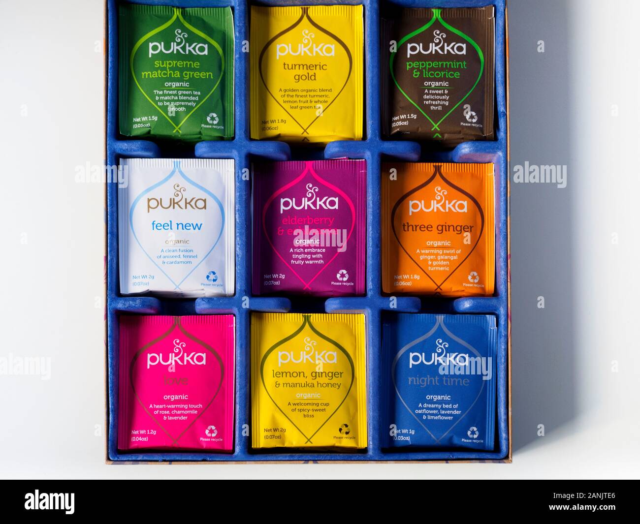 Overhead shot of selection of organic herbal tea box packaged from recyclable and sustainable materials. Stock Photo