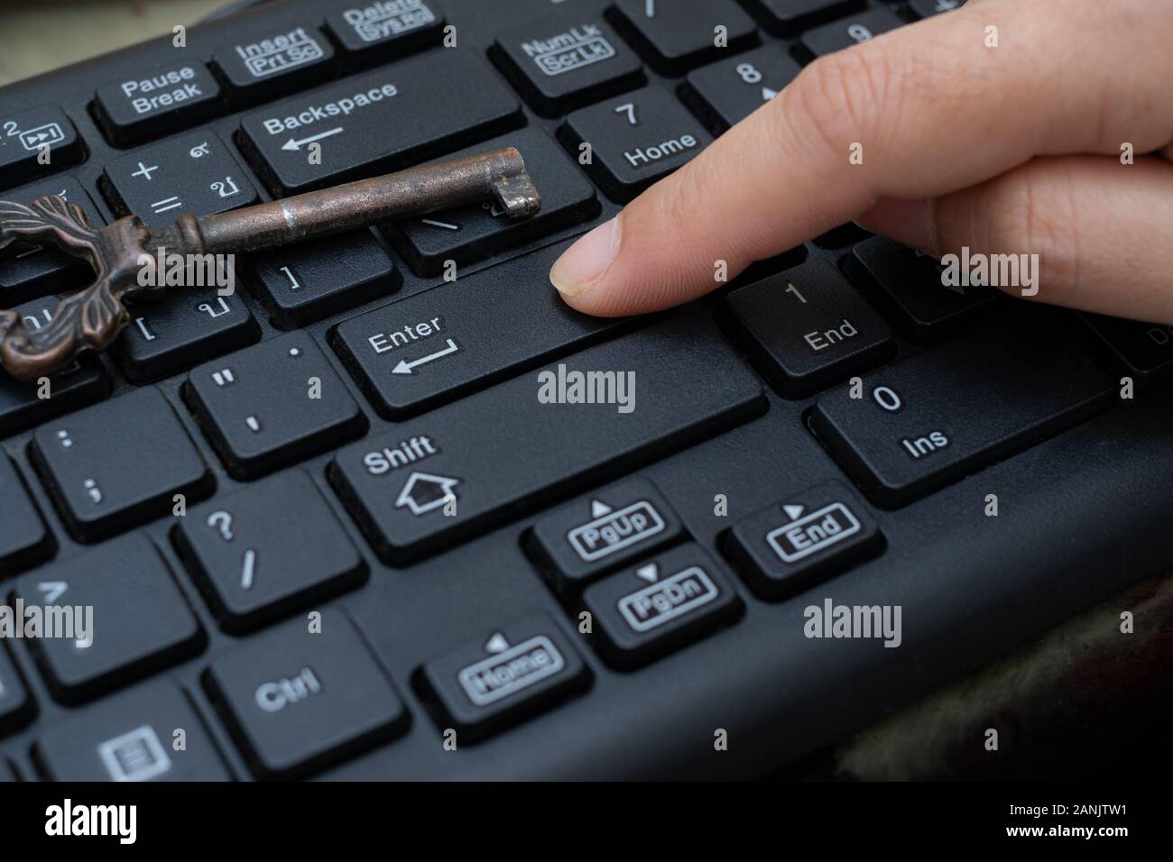 Close up female Index finger push button Enter on the computer keyboard
