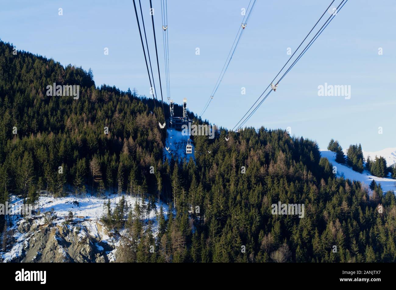 Cable car of the Vanoise Express travelling from La Plagne to Les Arcs (Peisey Vallandry) side at Les Arcs ski area, France. Stock Photo