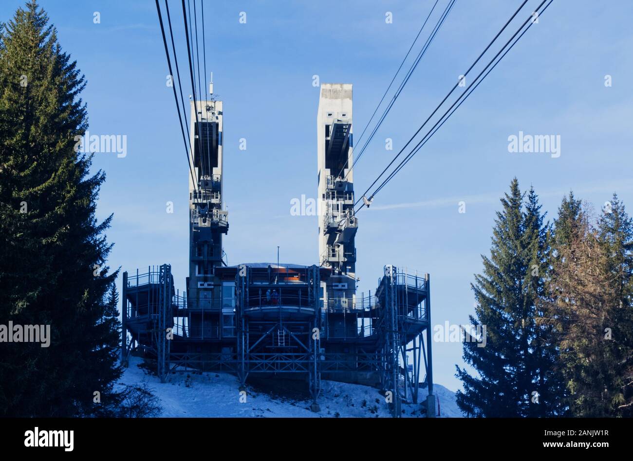 The cable car station of the Vanoise Express on the La Plagne / Montchavin side, France. Stock Photo