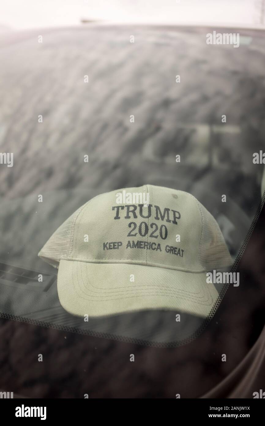A Trump 2020 Keep America Great baseball cap is seen behind the windscreen of a vehicle outside Atlanta, Geogia, USA Stock Photo