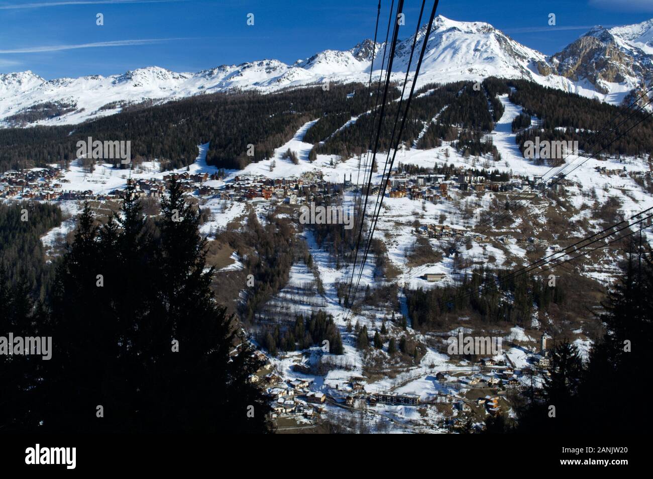View across towards Peisey Vallandry in Les Arcs from the Vanoise Express cable car at the La Plagne station. Stock Photo