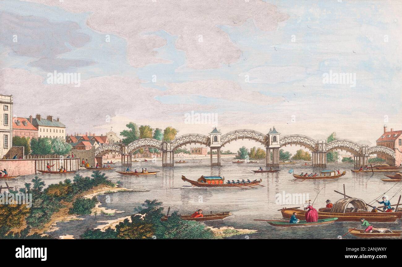 The New Bridge over the Thames at Hampton Court.  Printed in 1754.  After a work by Canaletto.   The bridge, the first on the old Tudor ferry crossing point, opened in 1753 Stock Photo