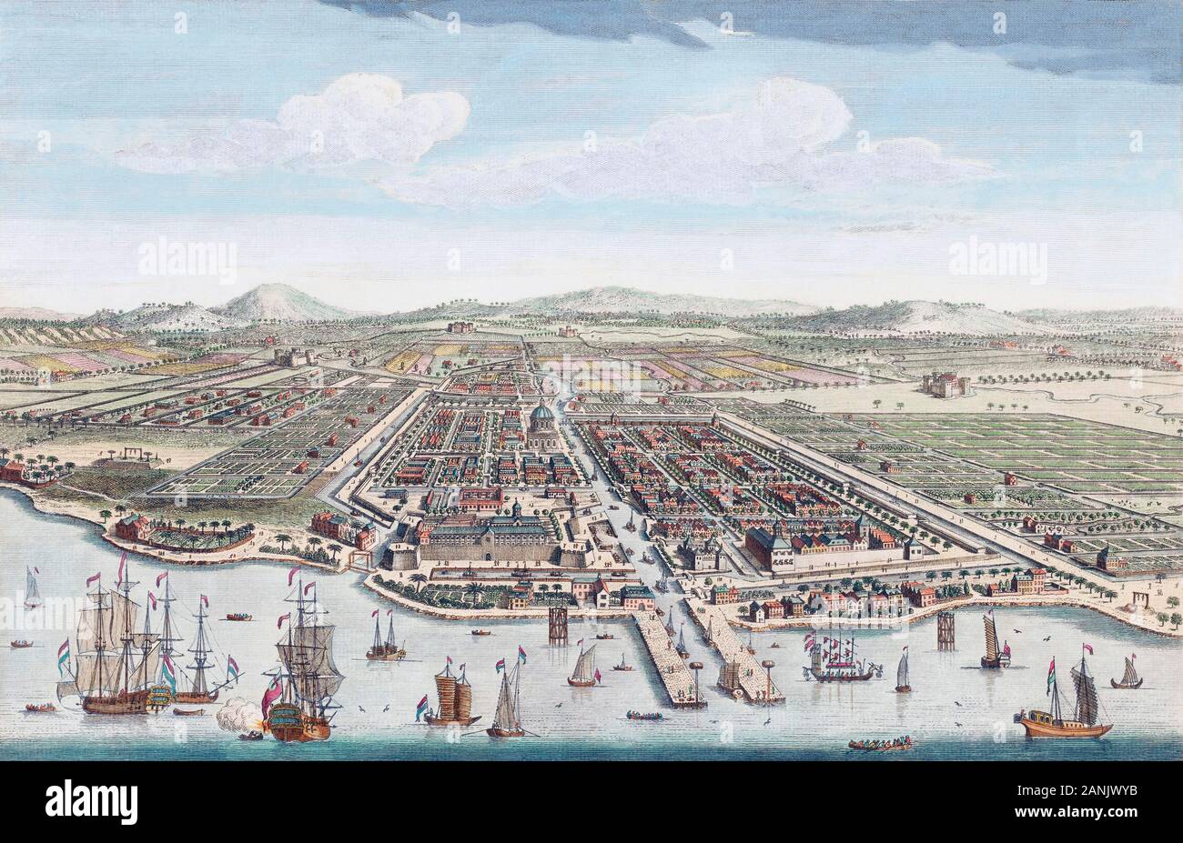 The City of Batavia in the Island of Java. After a hand-coloured print dated 1754. Batavia, capital of the Dutch East Indies, is now modern-day Jakarta, capital of Indonesia. Later colourization. Stock Photo