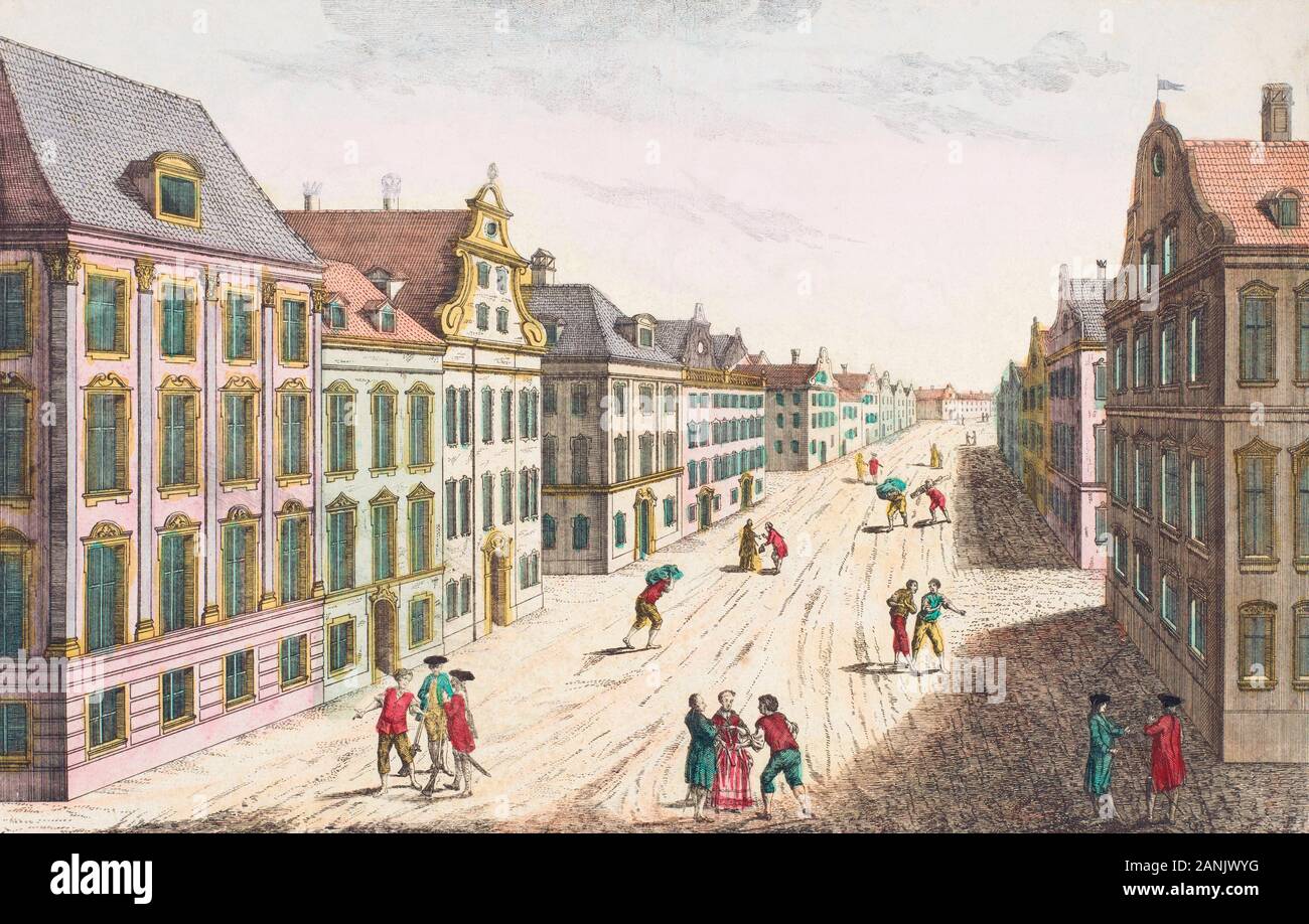 View down King Street,  Boston in the 18th century.   After a hand-coloured 18th century print.   King Street is now known as State Street.  Later colourization. Stock Photo