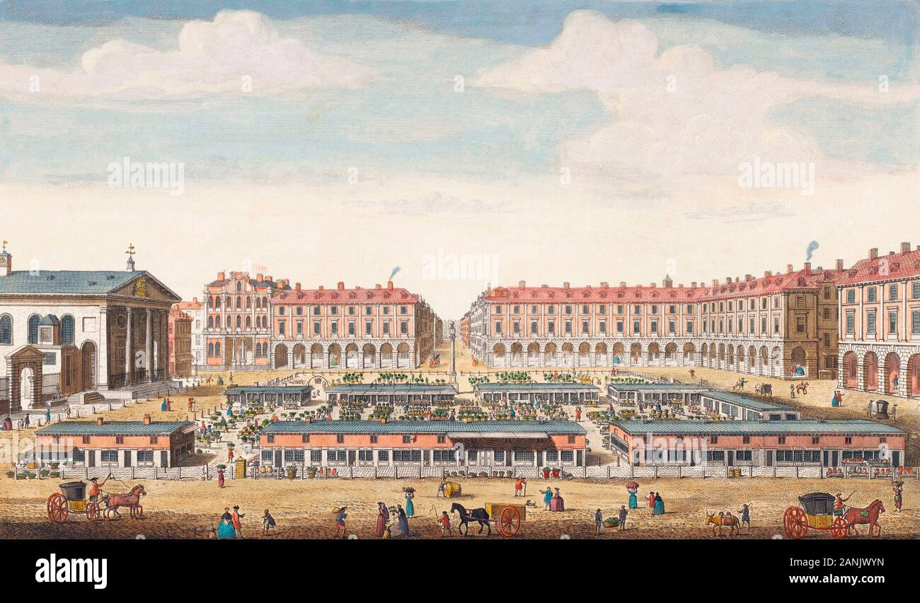 A View of Covent Garden, London, 1751.  After an engraving by Thomas Bowles dated 1751.  Later colourization. Stock Photo