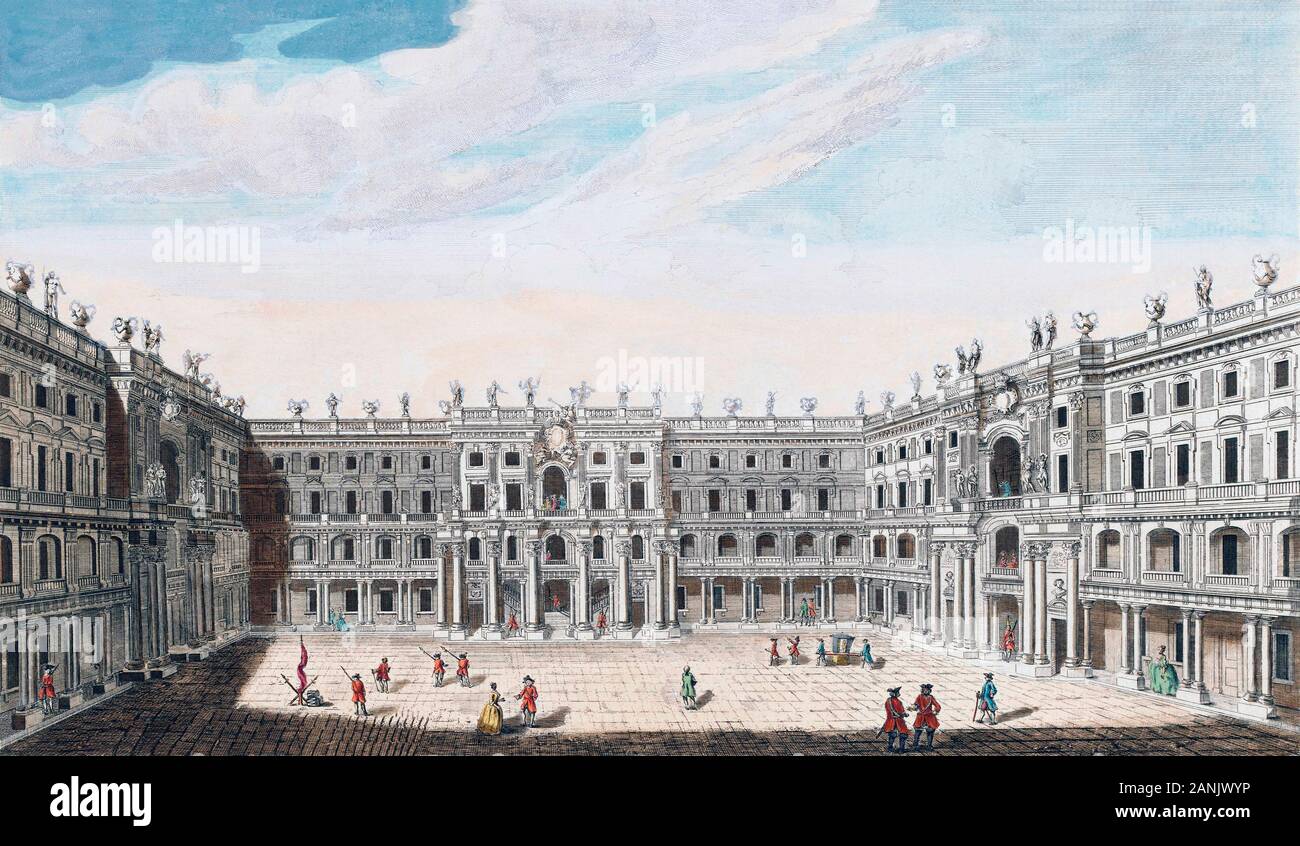 The Palace of the King of Germany at Berlin.  After a mid-18th century hand-coloured engraving. Stock Photo