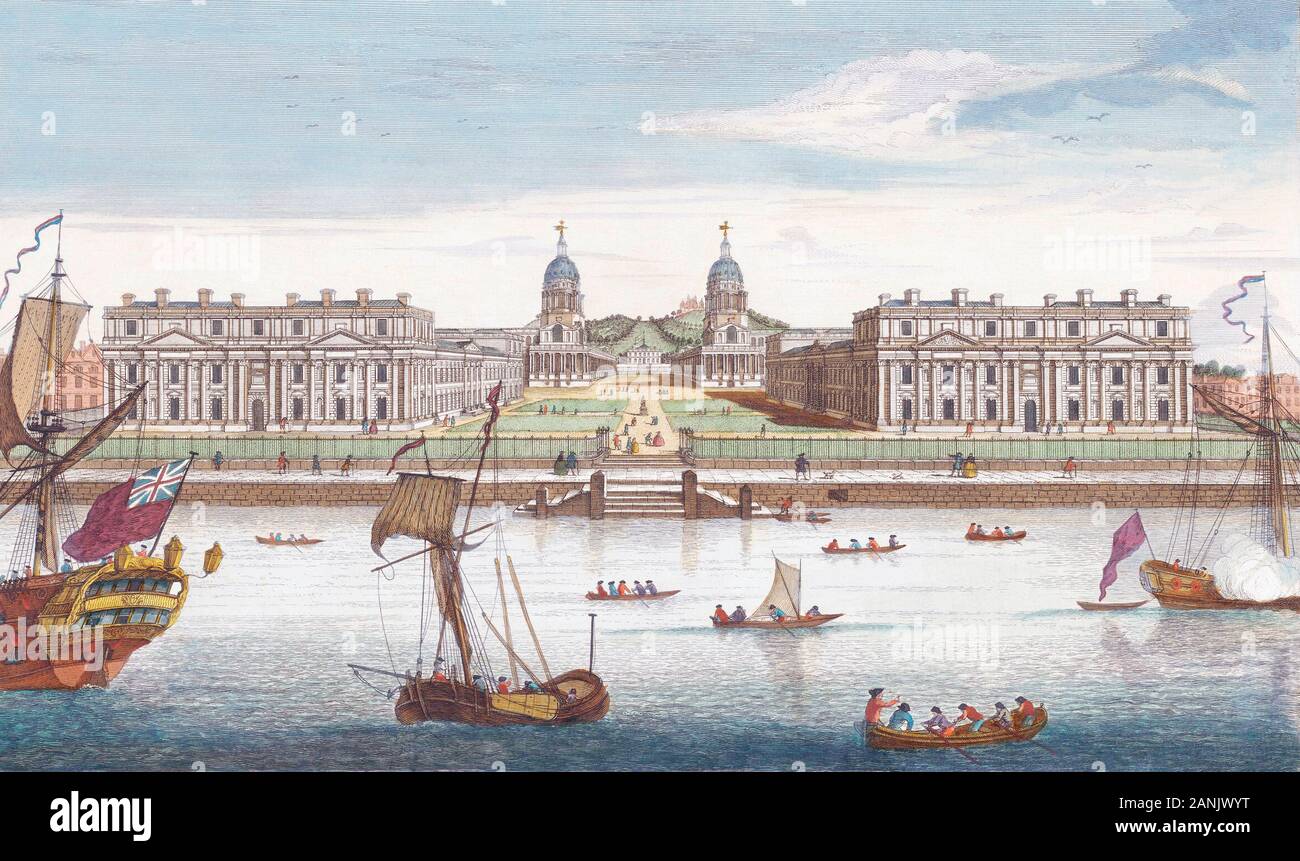 A prospect of Greenwich Hospital from the river.  After an engraving dated 1751 by John June.  Later colourization. Stock Photo