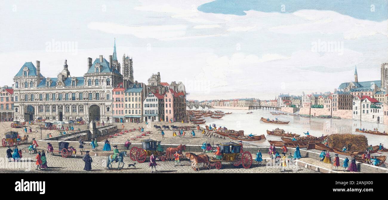 A View of the Town House or Guild Hall of Paris.  After a hand-coloured print dated 1749. Stock Photo