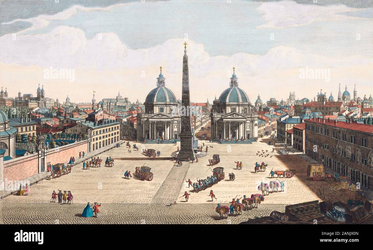 A view of the Common Place, embellished with new buildings, and a view of the city of Rome, as it is at this present time.  Piazza del Popolo, Rome, Italy.  After an engraving dated 1750 by Thomas Bowles from a work by Giovanni Battista Piranesi.  Later colourization. Stock Photo