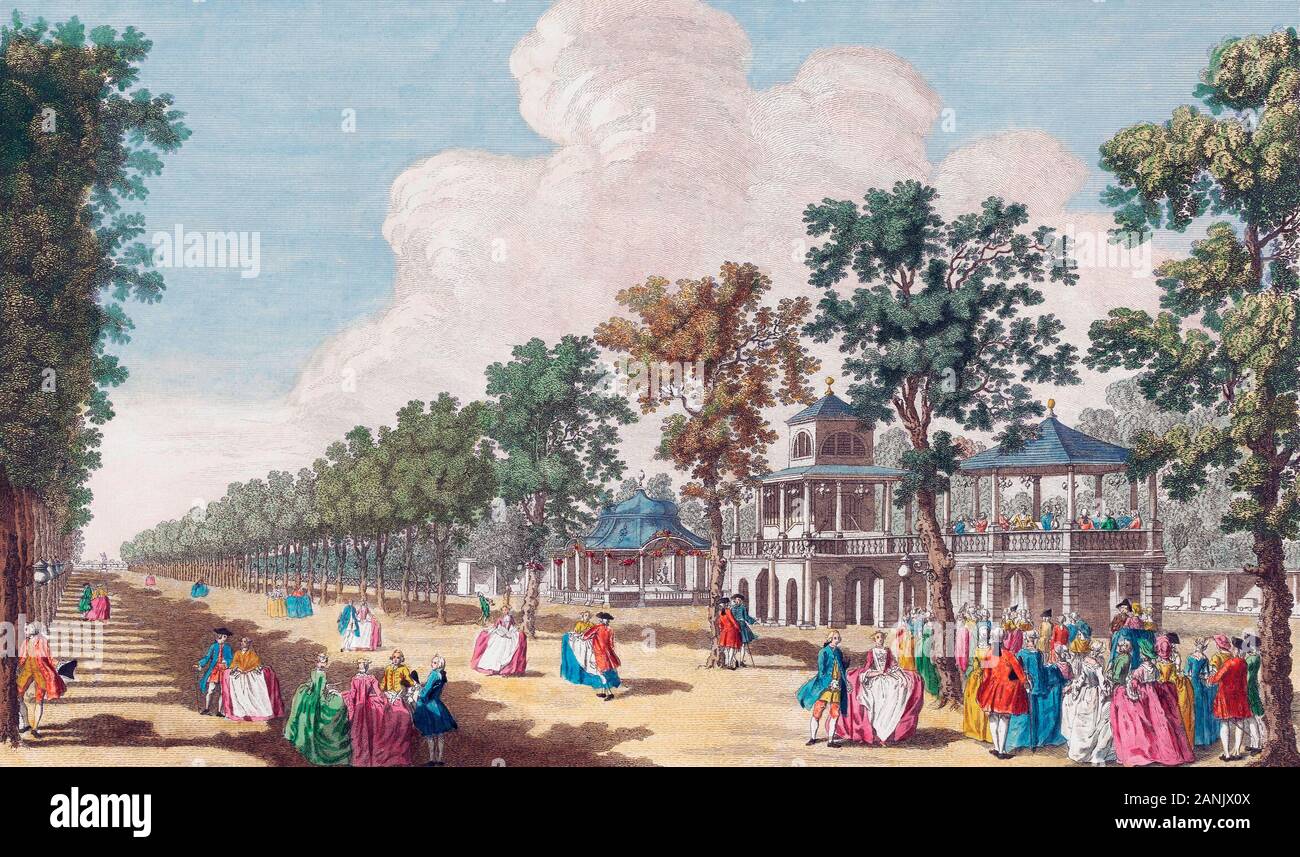 A View of the Grand Walk in Vauxhall Gardens taken from the Entrance.  London, England.  After a hand-coloured engraving by Edward Rooker from a work by Canaletto.  Dated 1751. Stock Photo
