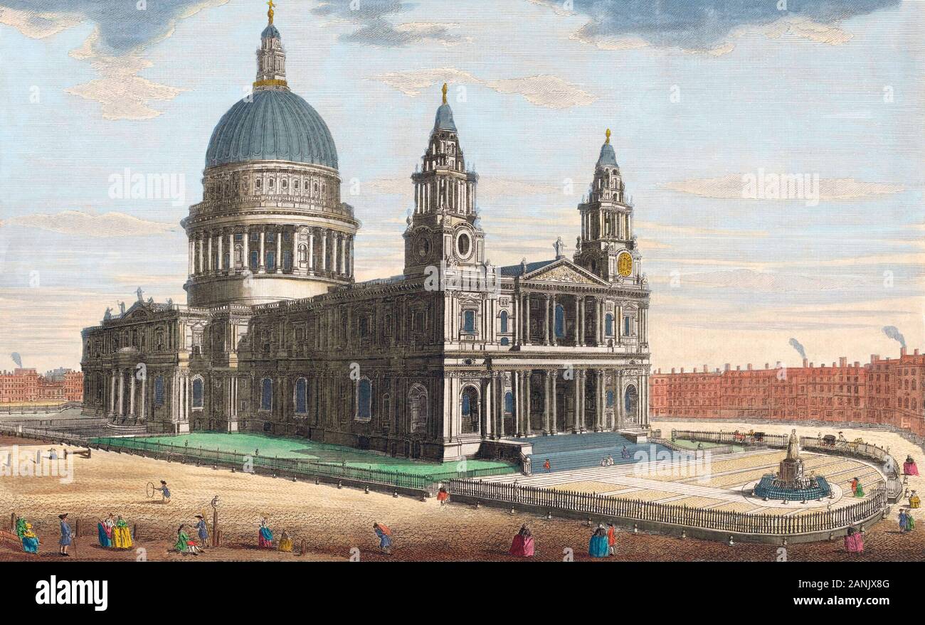 A north west view of St. Pauls Cathedral, London.  After an 18th century print made by J.M. Muller and published by Robert Sayer. Stock Photo