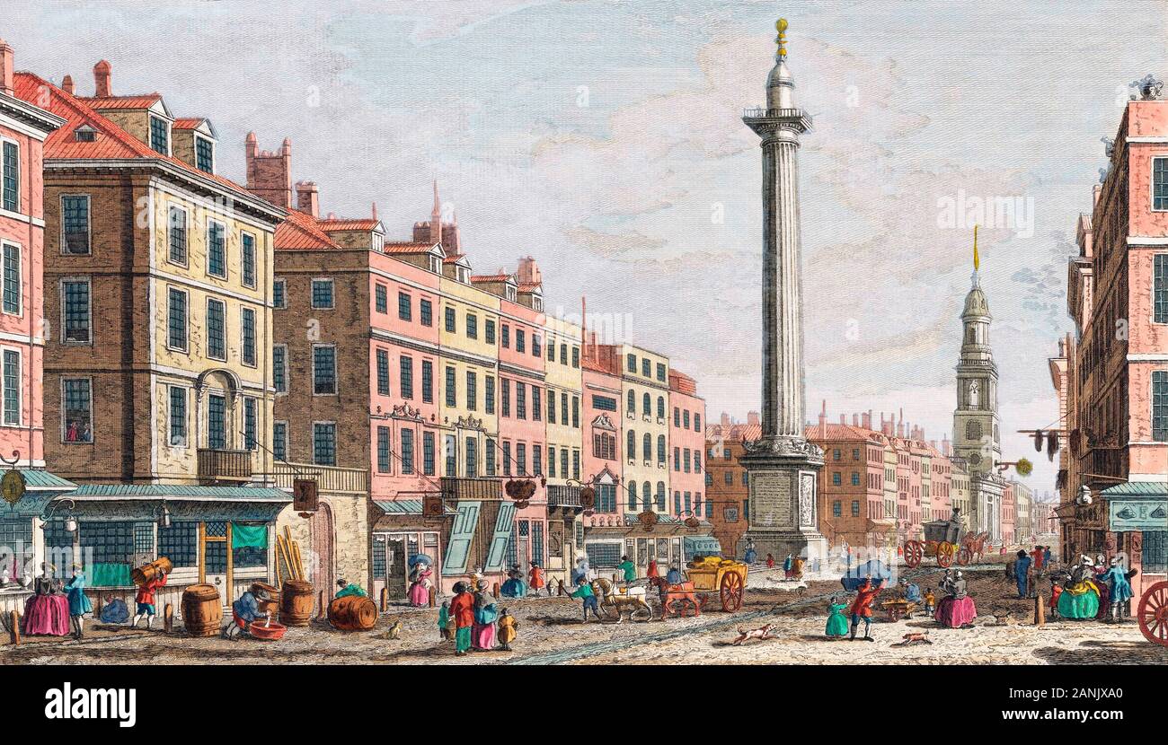 A view of the Monument erected in memory of the dreadfull fire in the year 1666.  London, England.  After a print dated 1752 from a work by Caneletto.  Published by Robert Sayer.  Later colourization. Stock Photo