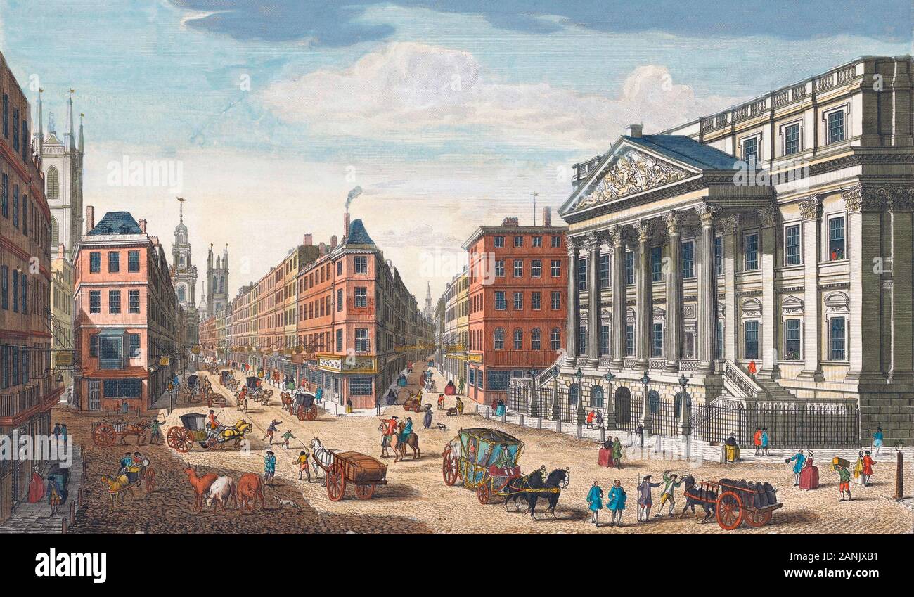 A view of the Mansion House.  London, England.  After a print dated 1751, published by Robert Sayer.  Later colourization. Stock Photo