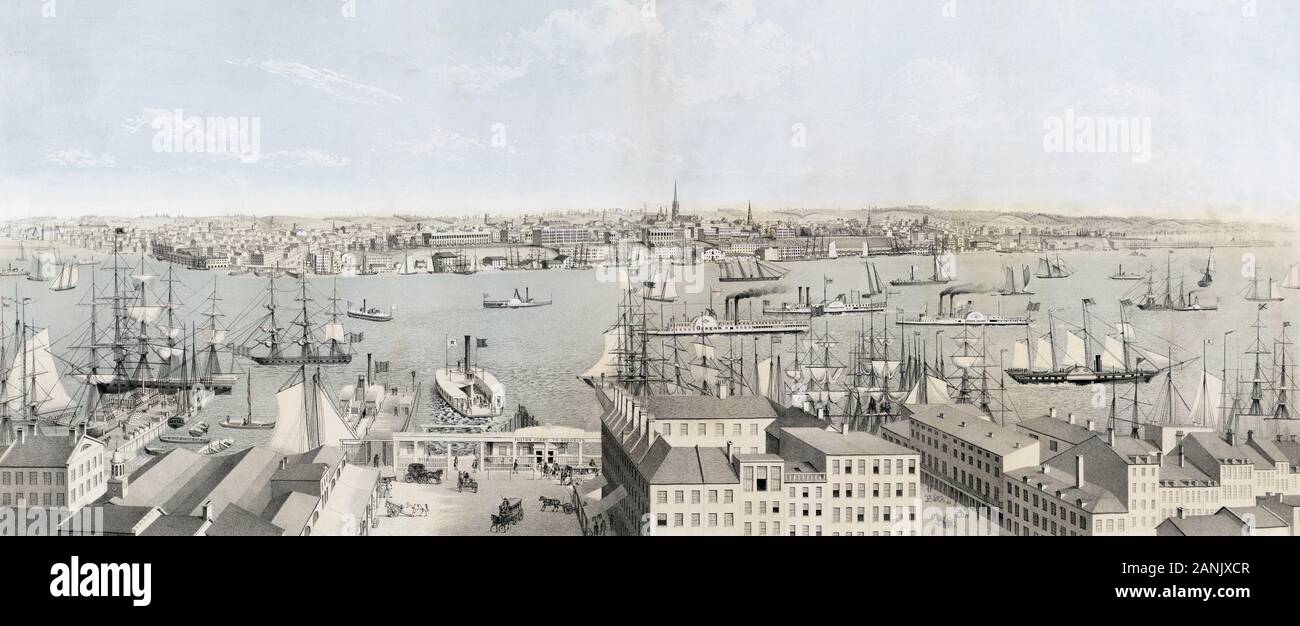 View of Brooklyn, Long Island, from U.S. Hotel, New York.  After a chromolithograph created circa 1850 by lithographer Francis Michelin, 1809/10-1878. Stock Photo
