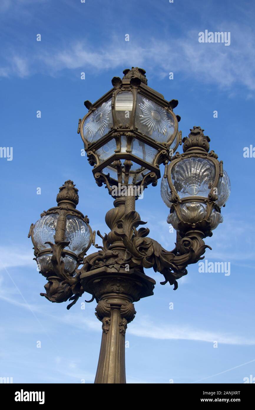 on the Pont Alexandre 3 in Paris. Elegant wrought-iron lantern Stock ...
