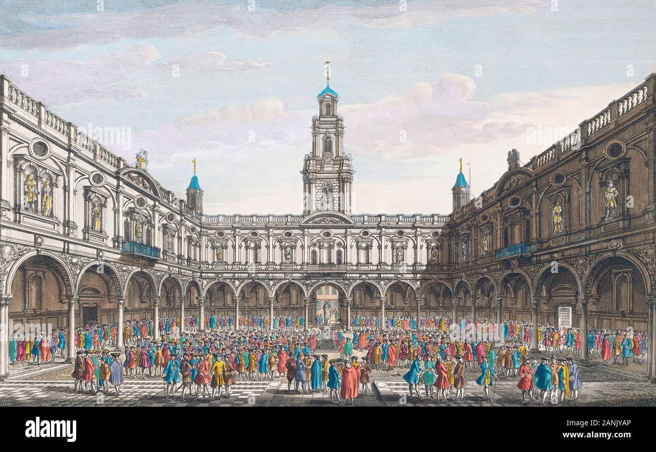 The Inside View of the Royal Exchange at London, England.  Veue du dedans de la Bourse Royale a Londres.  After a hand coloured engraving published circa 1750. Stock Photo
