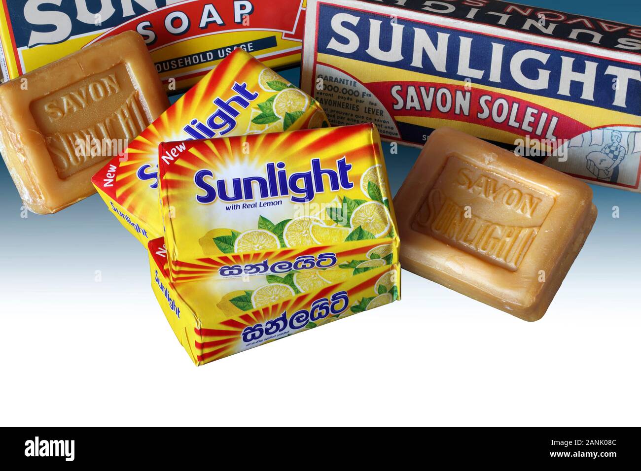 Samples of old and new bars of Sunlight  soap, first produced by Lever Brothers at Port Sunlight in Cheshire. Stock Photo