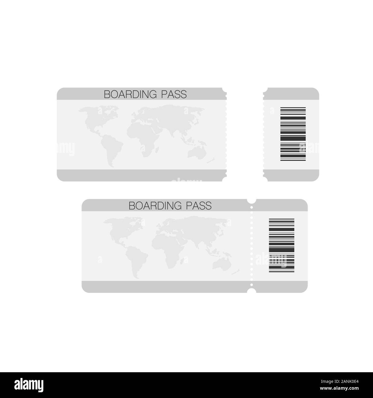 Boarding pass, ticket for plane traveling isolated icons vector. Tourism, travel destination, flight and passenger information blank. Airline and travel agency, barcode scan, airplane board access Stock Vector